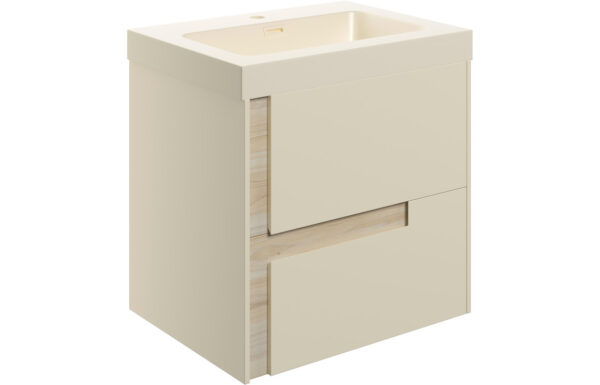 Ware 605mm Wall Hung 2 Drawer Basin Unit & 1TH Co-ordinating Basin - Matt Cotton & Oak Effect