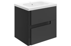 Ware 615mm Wall Hung 2 Drawer Basin Unit & 1TH White Basin - Matt Black & Glass