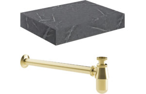 Aston 600mm Wall Hung Grey Marble Basin Shelf & Brushed Brass Bottle Trap