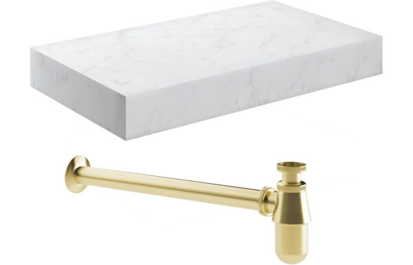 Aston 800mm Wall Hung White Marble Basin Shelf & Brushed Brass Bottle Trap