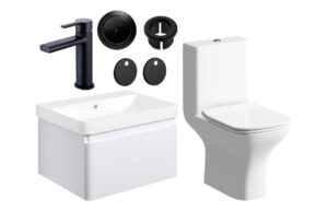 Meredith 600mm Basin Unit & Close Coupled WC Pack - Matt White w/Brushed Brass Finishes