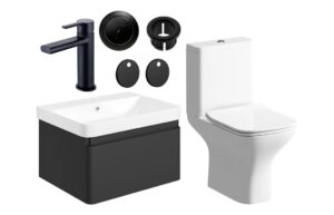 Meredith 600mm Basin Unit & Close Coupled WC Pack - Matt Black w/Brushed Brass Finishes