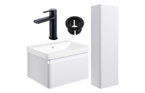 Meredith 600mm Basin Unit & Tall Unit Pack - Matt White w/Brushed Brass Finishes