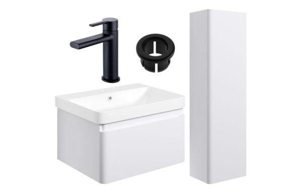 Meredith 600mm Basin Unit & Tall Unit Pack - Matt White w/Brushed Brass Finishes