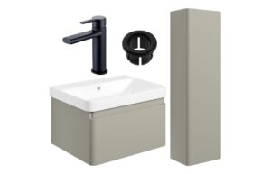 Meredith 600mm Basin Unit & Tall Unit Pack - Matt Latte w/Brushed Brass Finishes
