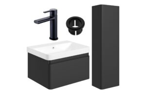 Meredith 600mm Basin Unit & Tall Unit Pack - Matt Black w/Brushed Brass Finishes