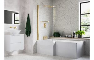 Ramsdell L Shape SUPERCAST 1700x850x560mm 0TH Shower Bath Pack (RH) - Brushed Brass