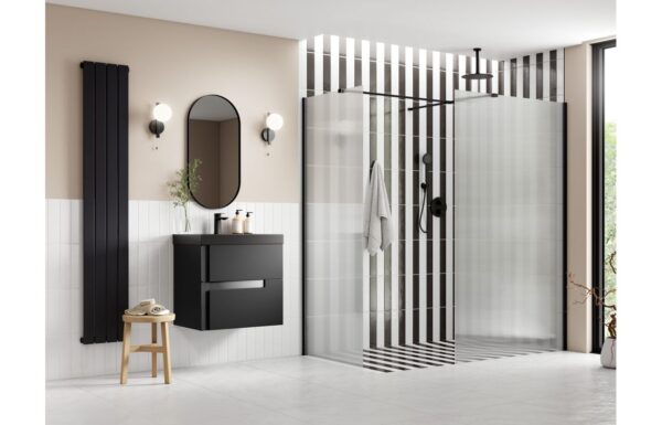 Aqua Platinum 800mm Fluted Wetroom Panel & Side Panel Arm - Black