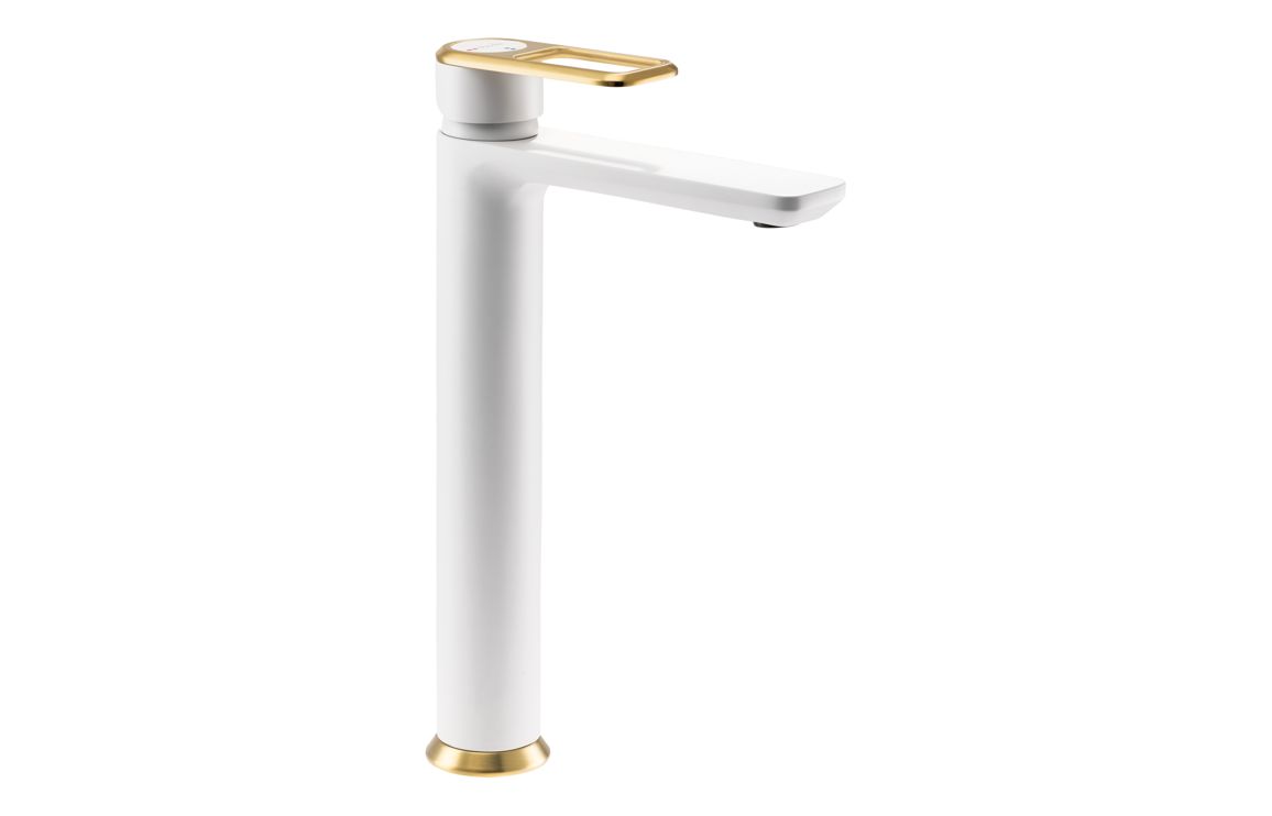 Abode Levarto Tall Basin Mixer - Matt White & Brass