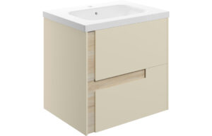 Ware 615mm Wall Hung 2 Drawer Basin Unit & 1TH White Basin - Matt Cotton & Oak Effect