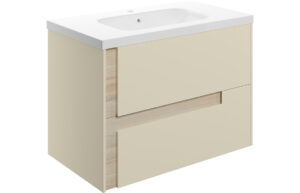 Ware 815mm Wall Hung 2 Drawer Basin Unit & 1TH White Basin - Matt Cotton & Oak Effect