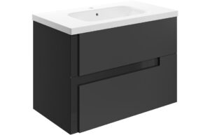 Ware 815mm Wall Hung 2 Drawer Basin Unit & 1TH White Basin - Matt Black & Glass
