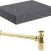 Aston 600mm Wall Hung Grey Marble Basin Shelf & Brushed Brass Bottle Trap