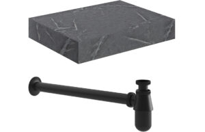 Aston 600mm Wall Hung Grey Marble Basin Shelf & Black Bottle Trap