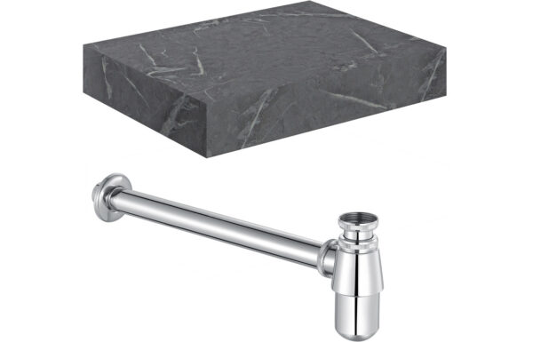Aston 600mm Wall Hung Grey Marble Basin Shelf & Chrome Bottle Trap