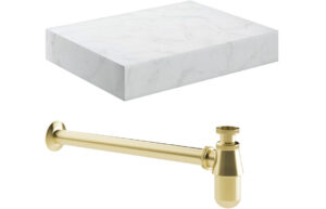 Aston 600mm Wall Hung White Marble Basin Shelf & Brushed Brass Bottle Trap