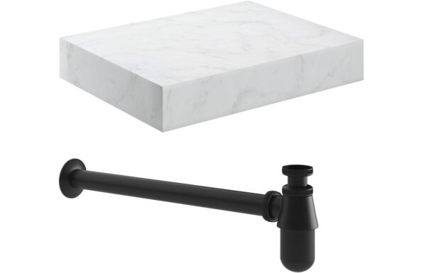 Aston 600mm Wall Hung White Marble Basin Shelf & Black Bottle Trap