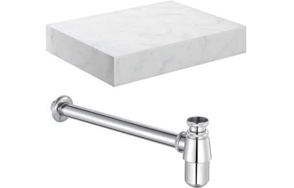 Aston 600mm Wall Hung White Marble Basin Shelf & Chrome Bottle Trap