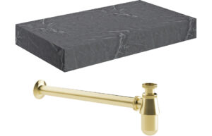 Aston 800mm Wall Hung Grey Marble Basin Shelf & Brushed Brass Bottle Trap