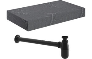 Aston 800mm Wall Hung Grey Marble Basin Shelf & Black Bottle Trap