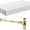 Aston 800mm Wall Hung White Marble Basin Shelf & Brushed Brass Bottle Trap