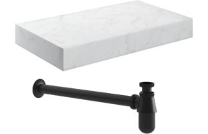 Aston 800mm Wall Hung White Marble Basin Shelf & Black Bottle Trap