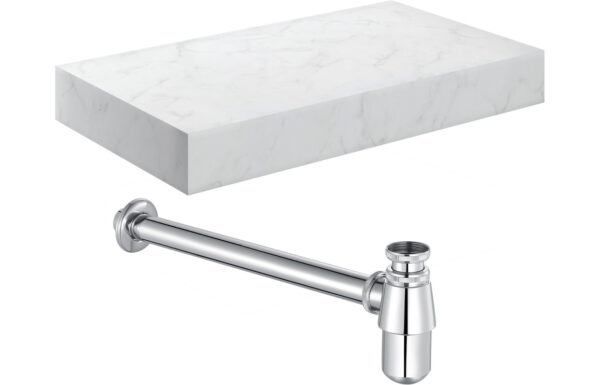 Aston 800mm Wall Hung White Marble Basin Shelf & Chrome Bottle Trap