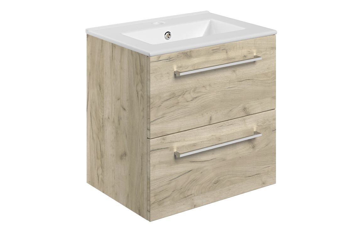Malvern 510mm Wall Hung 2 Drawer Basin Unit & 1TH Thin Edge Basin - Oak