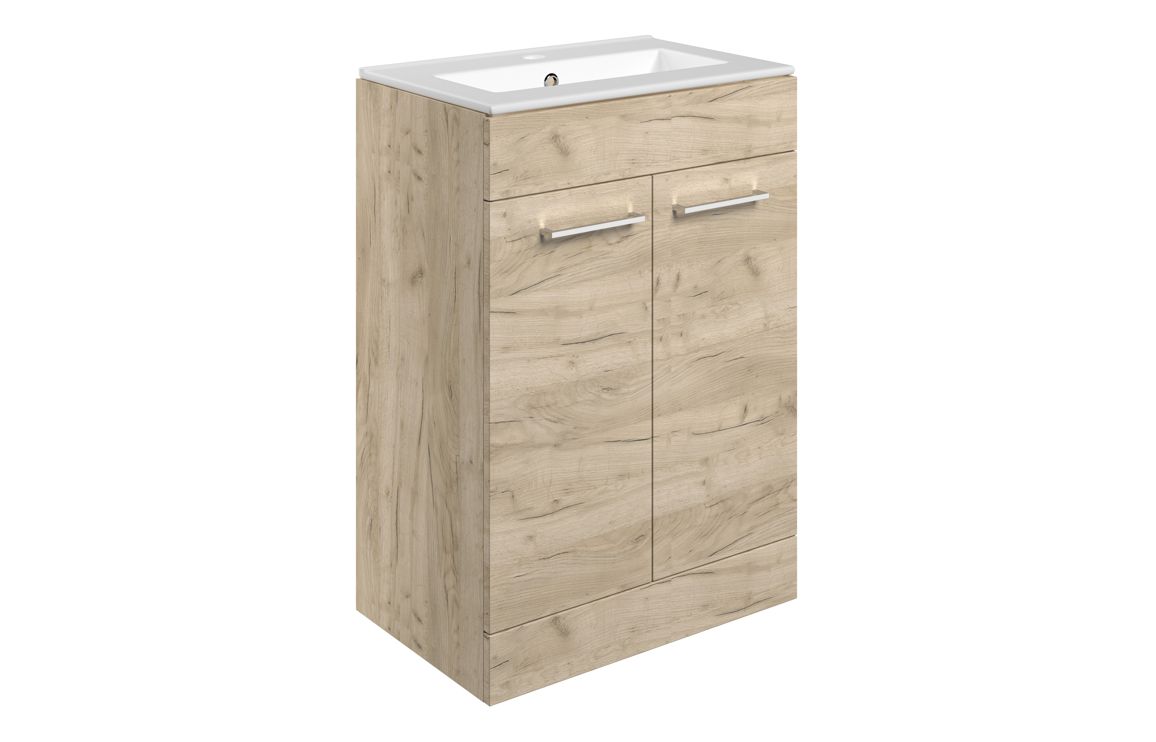 Malvern 610mm Floor Standing 2 Door Basin Unit & 1TH Thin Edge Basin - Oak