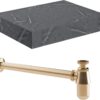 Aston 600mm Wall Hung Grey Marble Basin Shelf & Brushed Bronze Bottle Trap