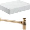 Aston 600mm Wall Hung White Marble Basin Shelf & Brushed Bronze Bottle Trap