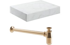 Aston 600mm Wall Hung White Marble Basin Shelf & Brushed Bronze Bottle Trap
