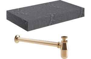 Aston 800mm Wall Hung Grey Marble Basin Shelf & Brushed Bronze Bottle Trap
