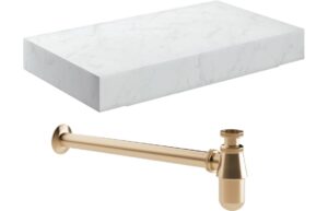 Aston 800mm Wall Hung White Marble Basin Shelf & Brushed Bronze Bottle Trap
