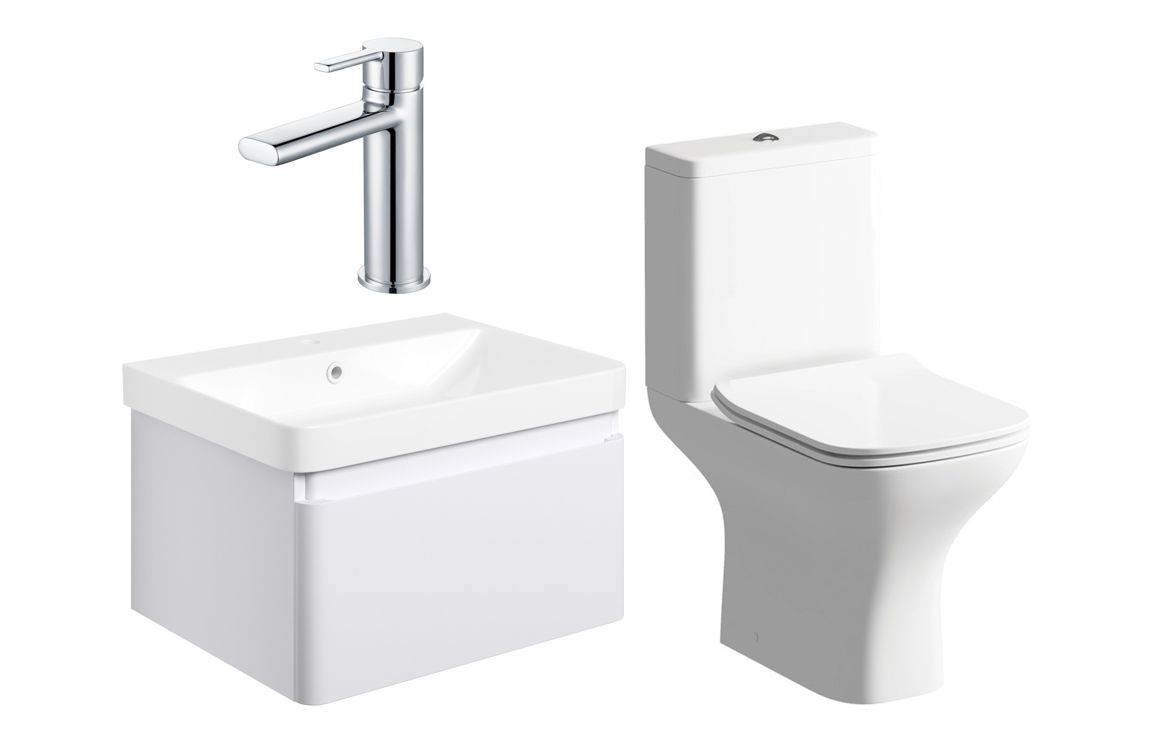 Meredith 600mm Basin Unit & Rimless Close Coupled WC Pack - Matt White w/Chrome Finishes