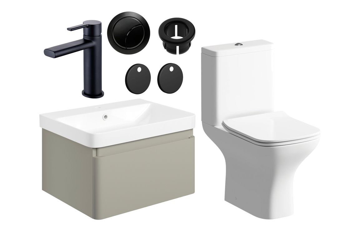 Meredith 600mm Basin Unit & Rimless Close Coupled WC Pack - Matt Latte w/Brushed Brass Finishes