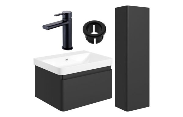 Meredith 600mm Basin Unit & Tall Unit Pack - Matt Black w/Brushed Brass Finishes