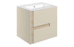 Ware 615mm Wall Hung 2 Drawer Basin Unit & 0TH White Thin Edge Basin - Matt Cotton & Oak Effect