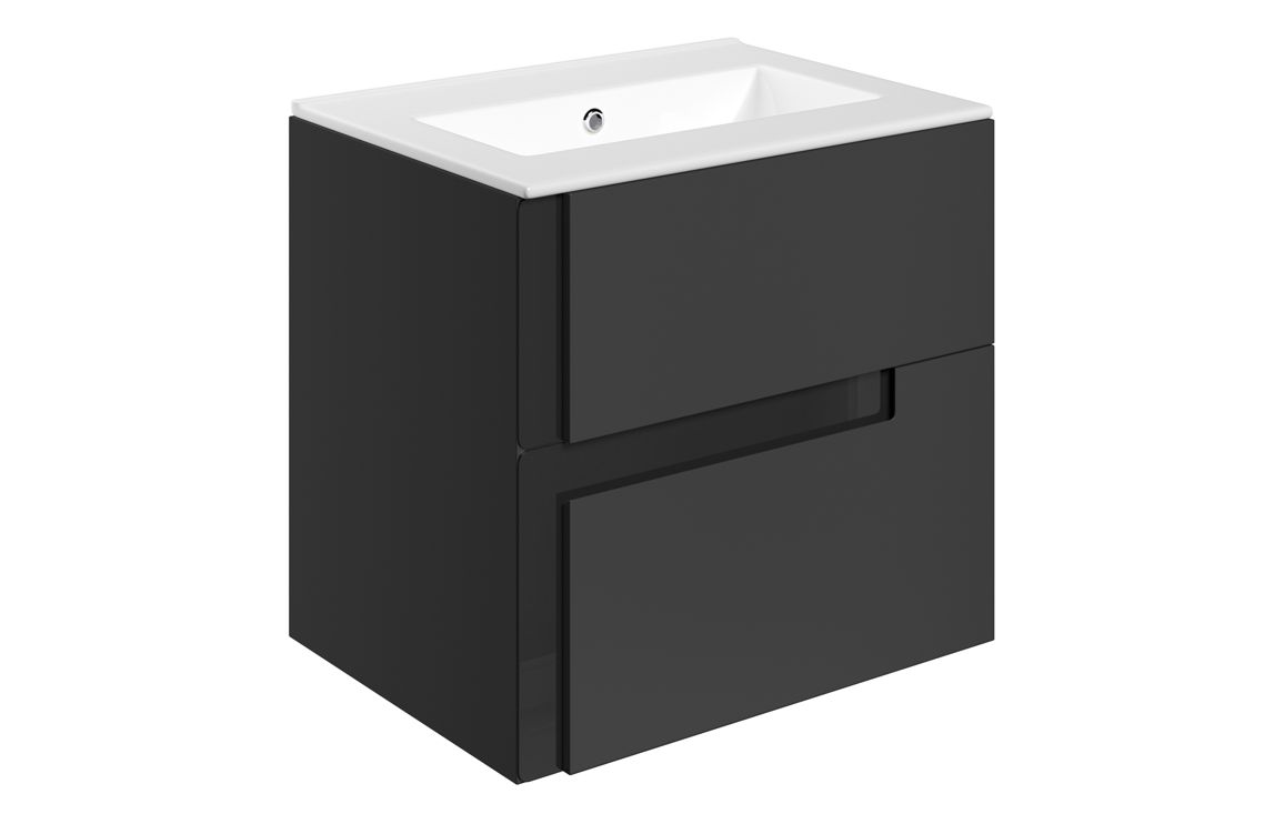 Ware 615mm Wall Hung 2 Drawer Basin Unit & 0TH White Thin Edge Basin - Matt Black & Glass