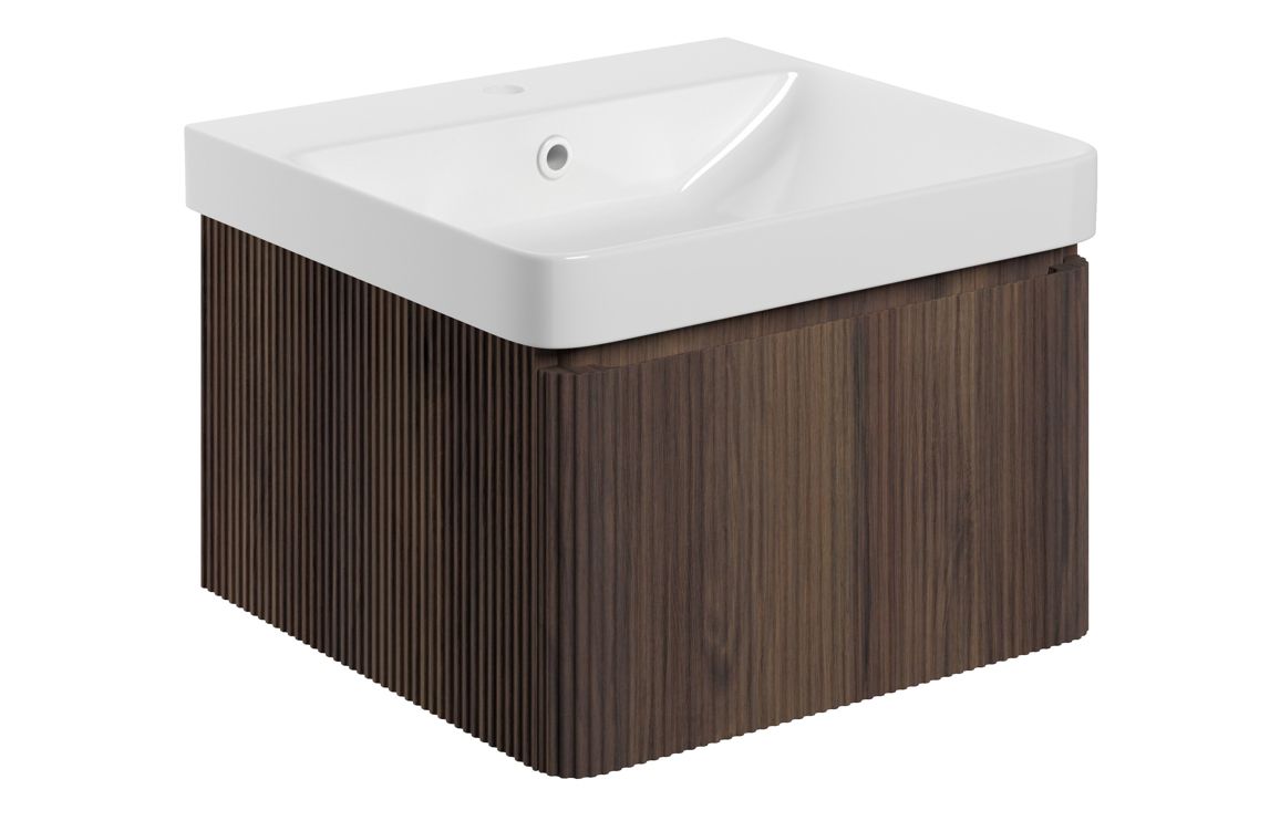 Gosmore 500mm Wall Hung 1 Drawer Basin Unit & Basin - Textured Walnut