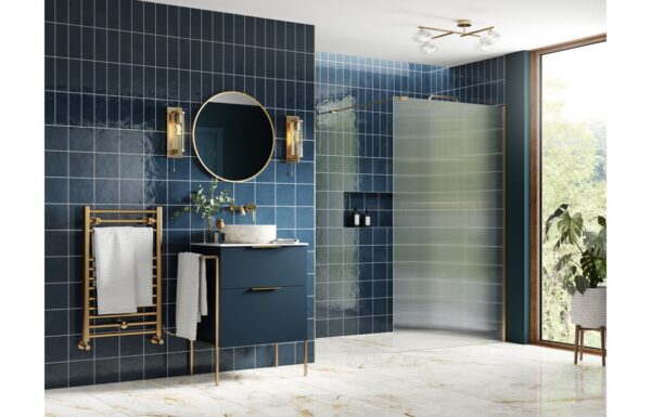 Aqua Platinum 1000mm Fluted Wetroom Panel & Support Bar - Brushed Brass