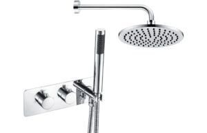 Jackdaw Shower Pack Two - Two Outlet Twin Shower Valve w/Handset & Brass Overhead - Chrome