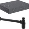 Aston 600mm Wall Hung Grey Marble Basin Shelf & Black Bottle Trap