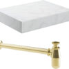 Aston 600mm Wall Hung White Marble Basin Shelf & Brushed Brass Bottle Trap
