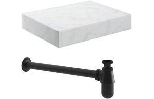Aston 600mm Wall Hung White Marble Basin Shelf & Black Bottle Trap