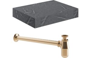 Aston 600mm Wall Hung Grey Marble Basin Shelf & Brushed Bronze Bottle Trap