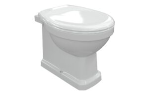 London Back To Wall Comfort Height WC & Satin White Wood Effect Seat w/Chrome Finishes