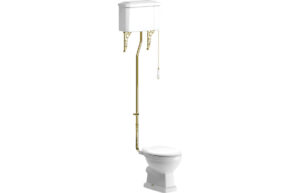 London High Level WC & Satin White Wood Effect Seat w/Br.Brass Finishes