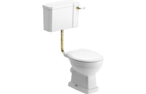 London Low Level WC & Satin White Wood Effect Seat w/Br.Brass Finishes