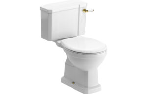 London Close Coupled Comfort Height WC & Satin White Wood Effect Seat w/Br.Brass Finishes